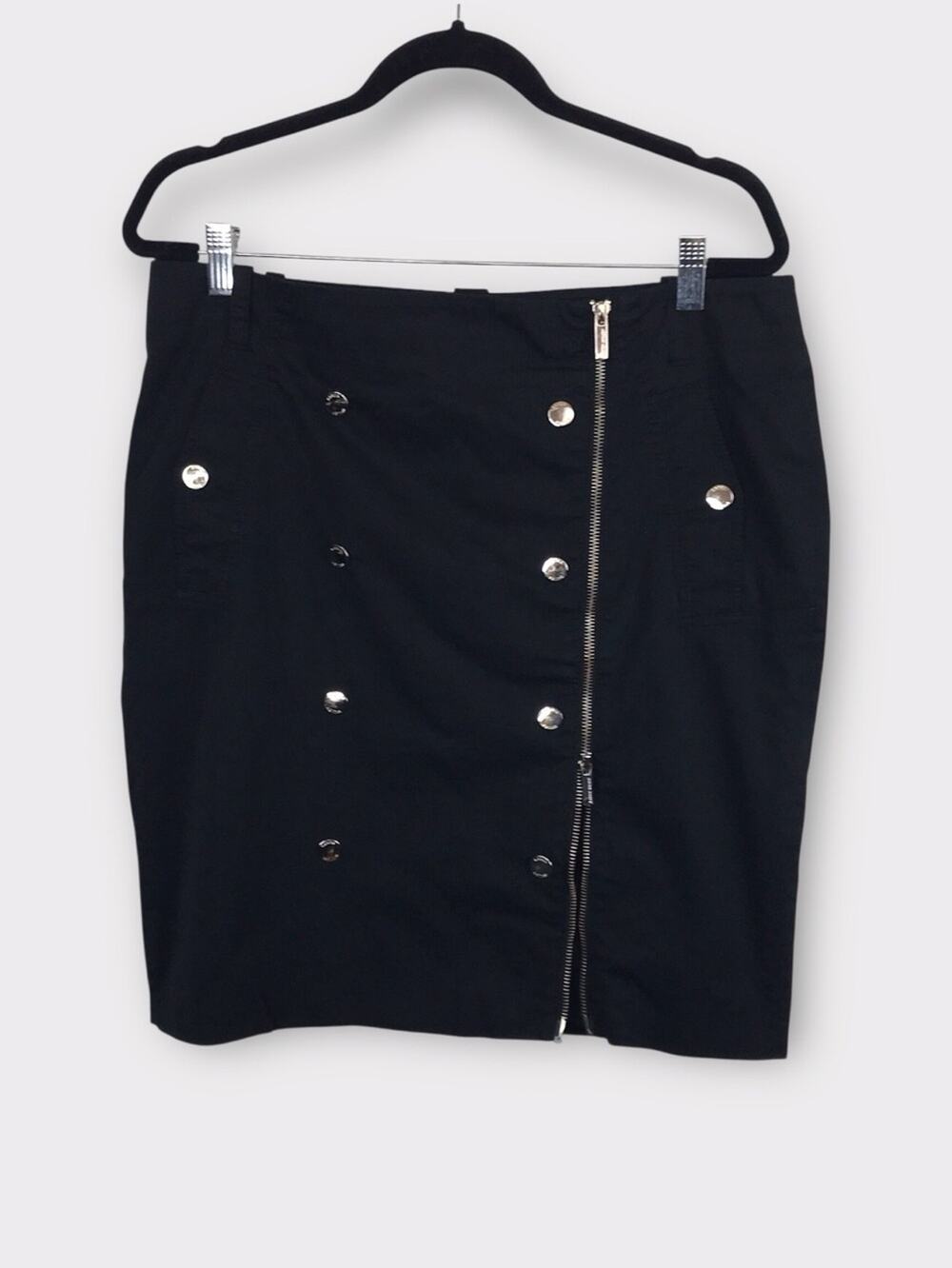 Karen Millen Black Pencil Skirt with Asymmetric Zip Logo Silver Buttons